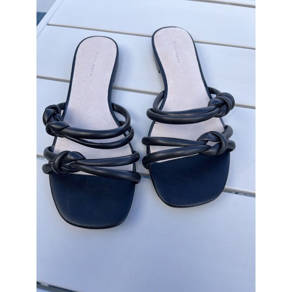 Pure Navy Black Pangai Knotted Leather Sandals - Size 9 - Black